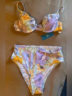 Cupshe Floral High-Waist Bikini Set in Lavender and Yellow